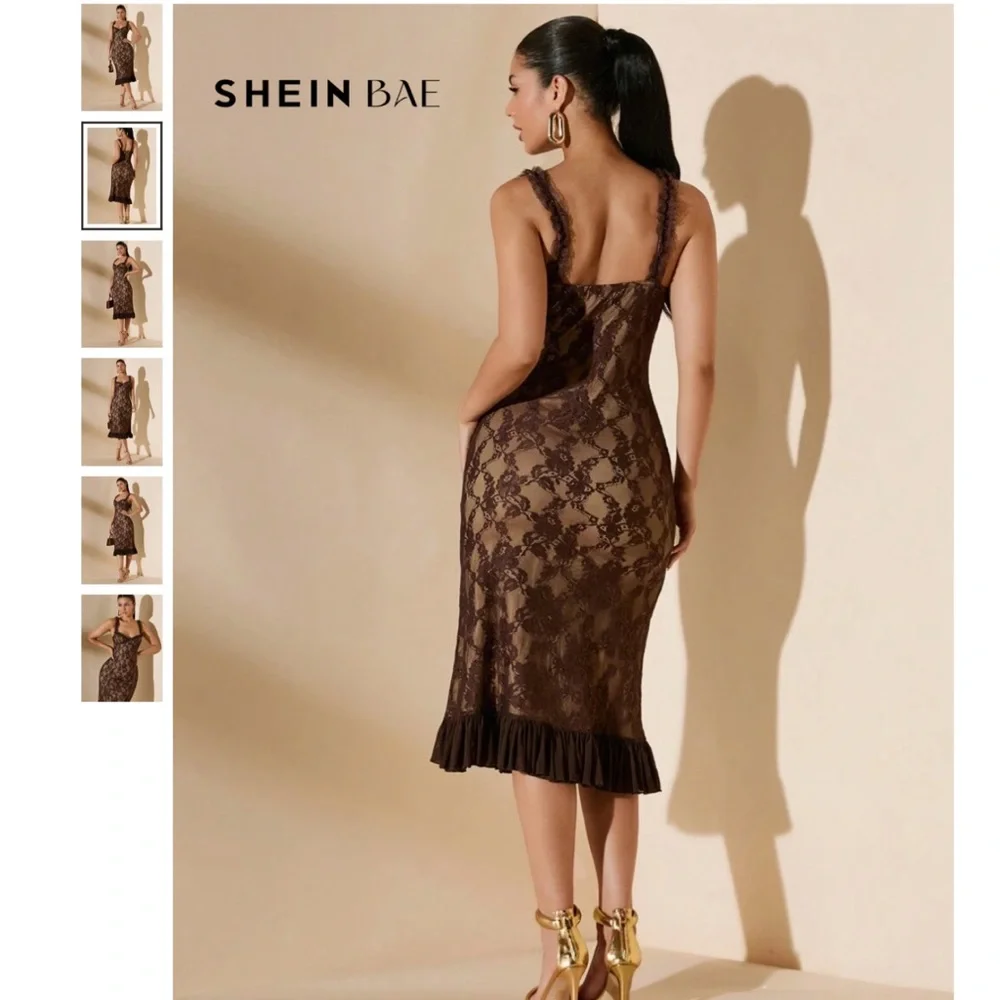 SHEIN BAE Elegant And Sexy See-Through Lace Mid-Length Dress size Large